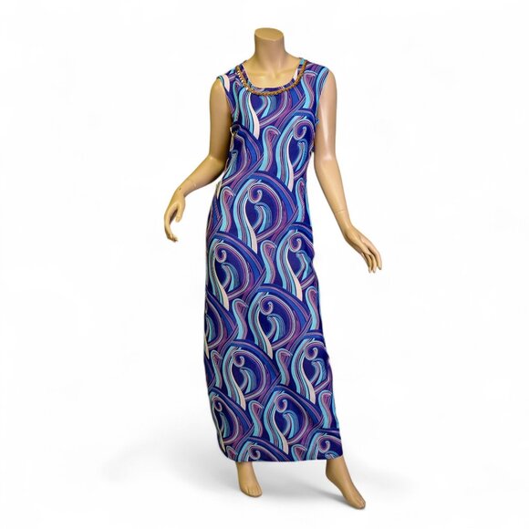 Vintage 70s Psychedelic Sleeveless Open-Side Maxi Dress - Picture 1 of 11